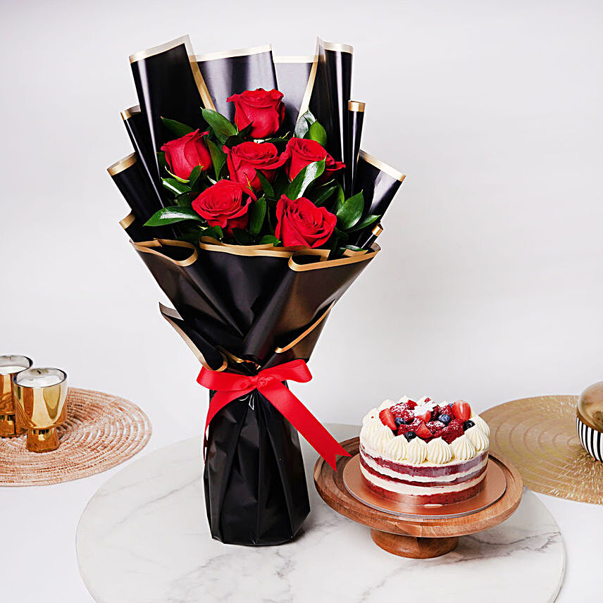 Red Roses with Red Velvet Cake:Birthday Flowers and Cakes to UAE