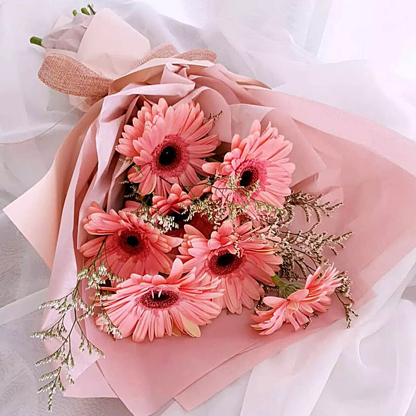 Elegant Pink Gerberas Beautifully Tied Bouquet:Send Flowers to UAE