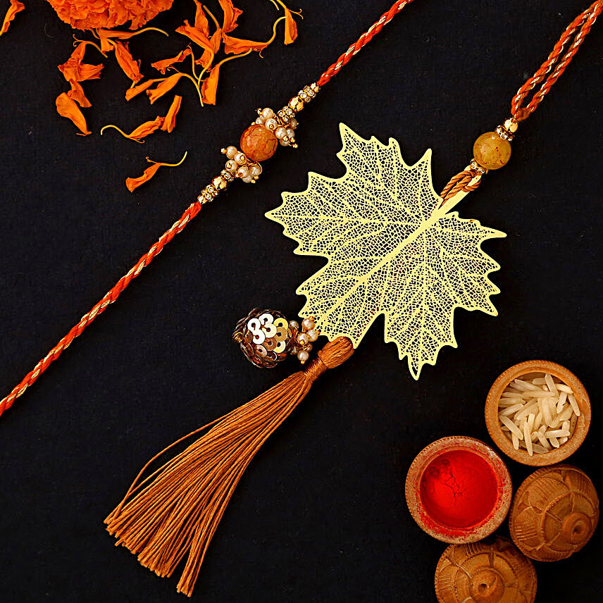 Maple Leaf Modern Design Lumba Rakhi Set:Send Bhaiya Bhabhi Rakhi to UAE