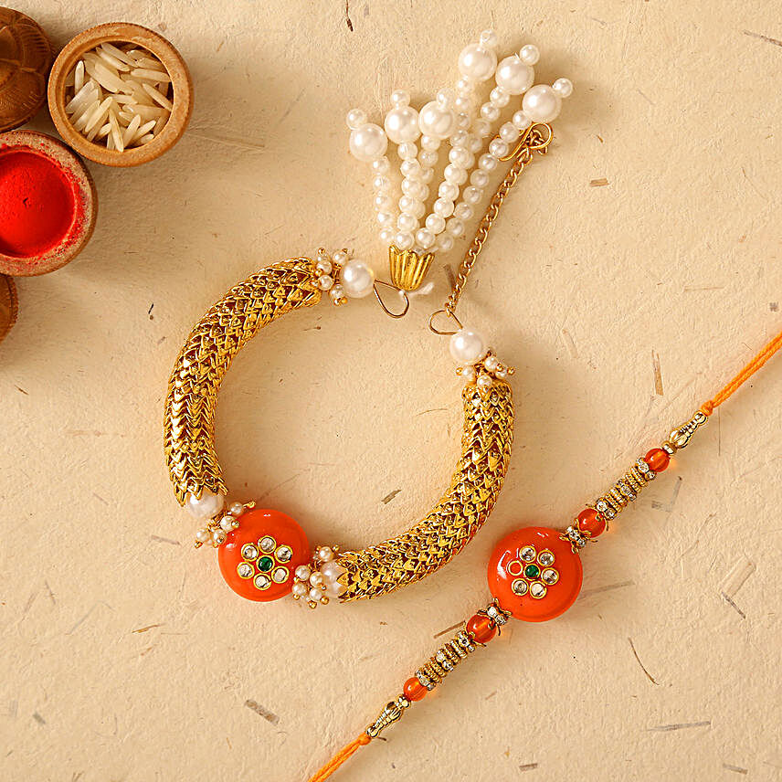 Orange Pearl And Lumba Rakhi Set:Family Rakhi Set to UAE