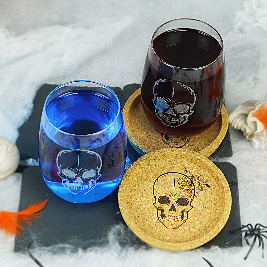 Skull Print Glass and Coasters Set