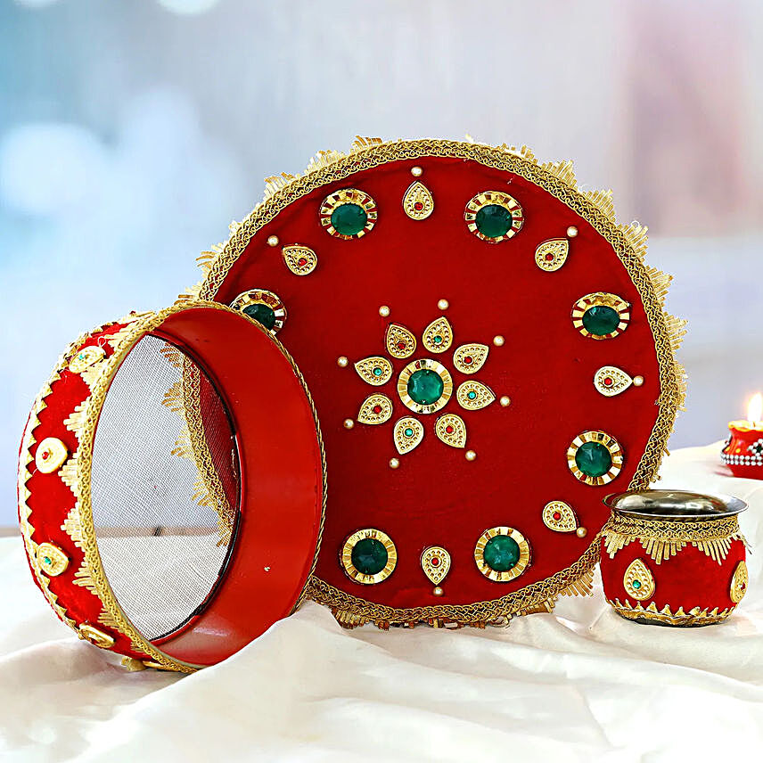 Royal Maroon Velvet Adorned Thali Set:Send Karwa Chauth Gifts to UAE