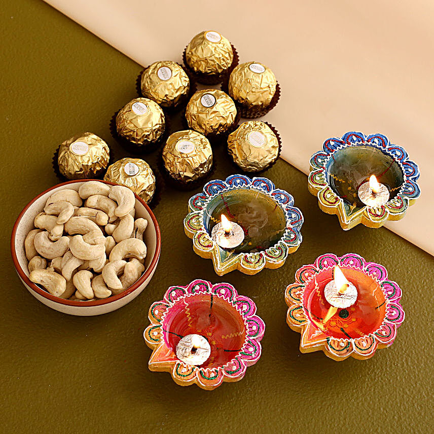 Multi Color Diyas With Kaju and Rocher:Diwali Gifts to UAE