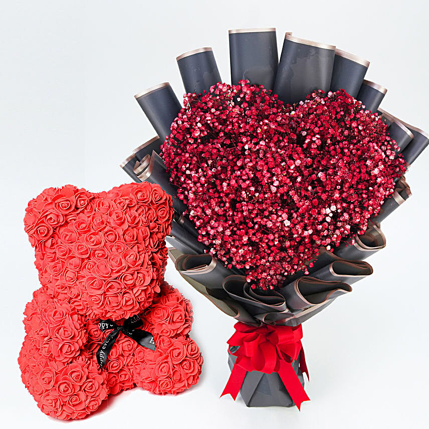 Hearts Beats Flowers With Artificial Roses Teddy:Flowers and Teddy Bears to UAE