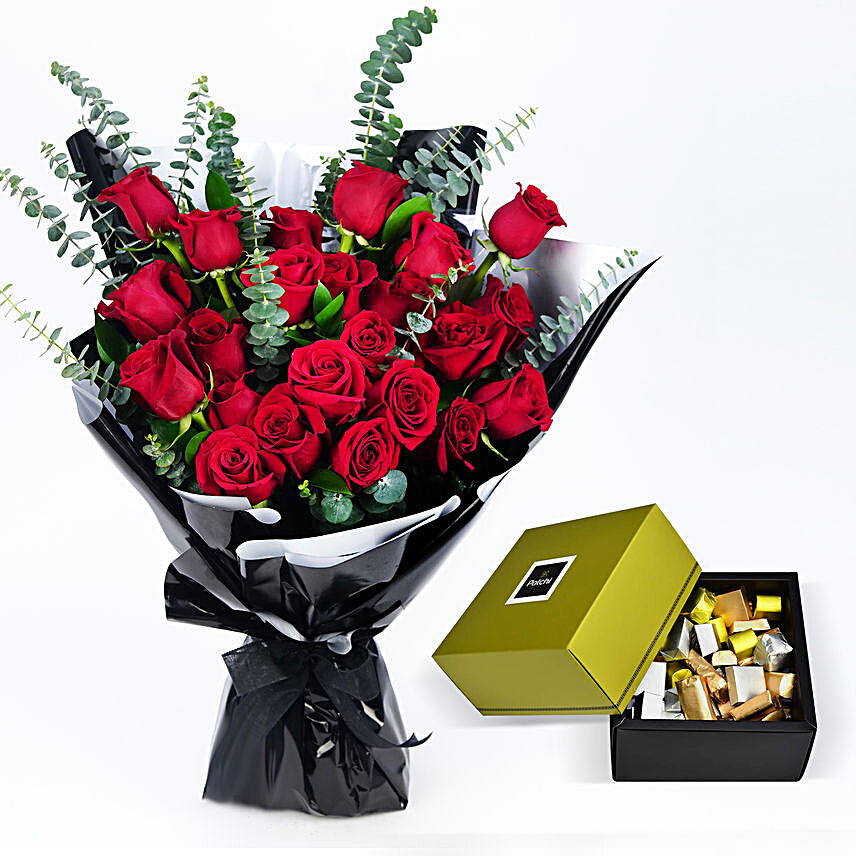 Patchi with 24 Roses Bouquet:Send Valentines Day Chocolates to UAE