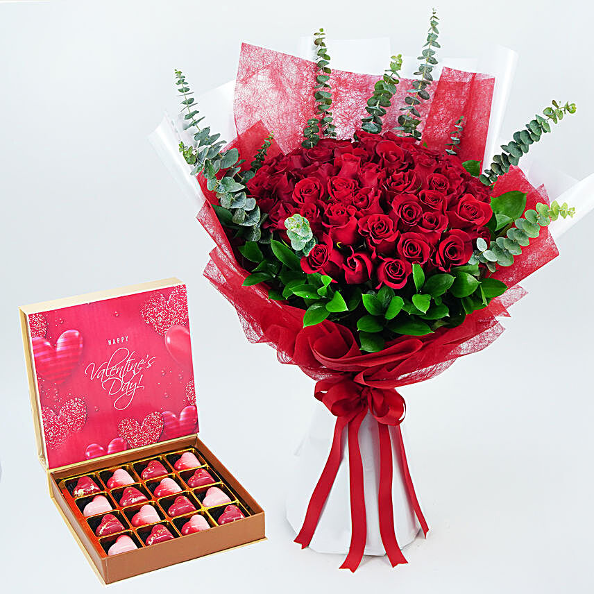 50 Roses Bouquet n Valentines Chocolates
