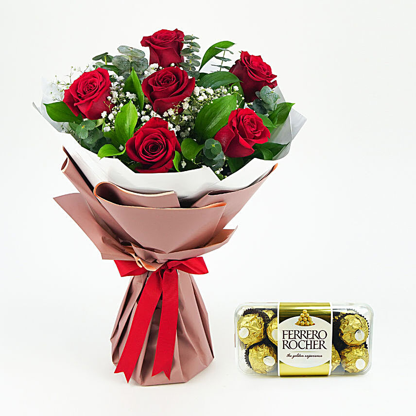 Ferrero Rocher n 6 Red Roses Bouquet:Send Valentines Day Chocolates to UAE