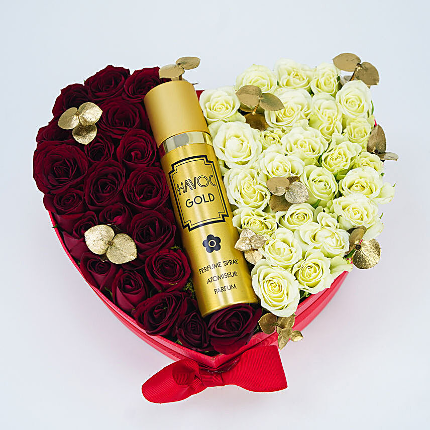 Box of Perfume n Flowers For Him:Valentine Gift Baskets to UAE