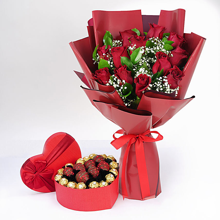 Strawberry and Rocher With Flowers Bouquet