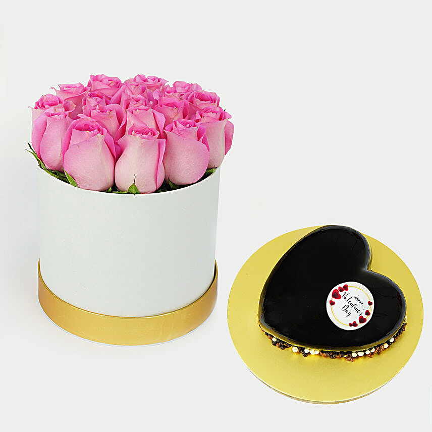Pink Roses Beauty Box n Valentines Cake:Heart Shaped Cake to UAE