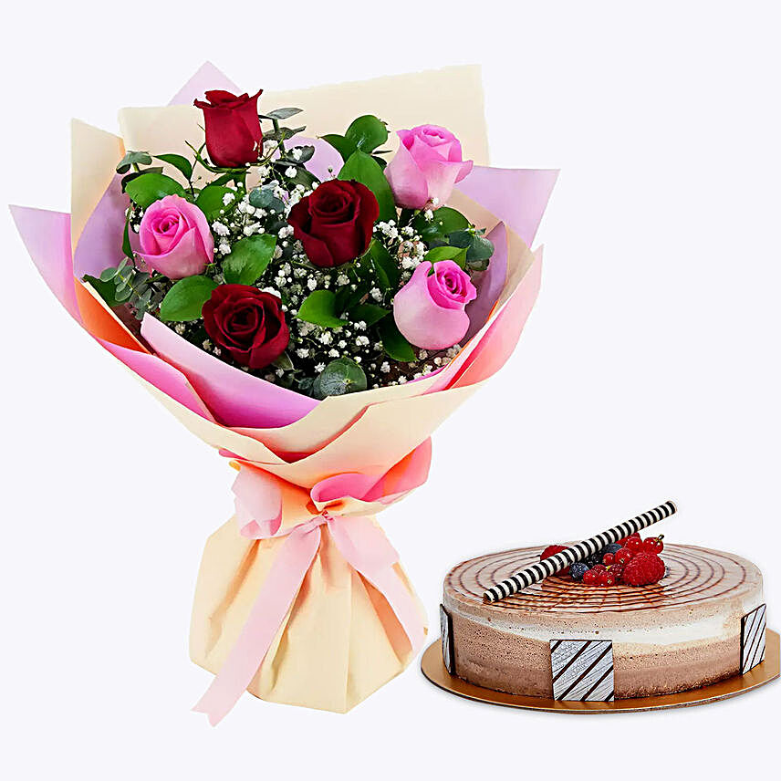 Gorgeous Roses Bouquet With Triple Chocolate Cake:Chocolate Day Gifts to UAE