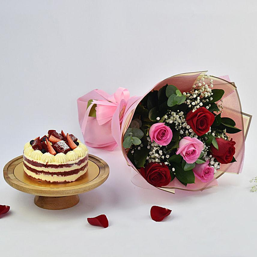 Pink and Red Roses with Red Velvet Cake:Flower Bouquets to UAE