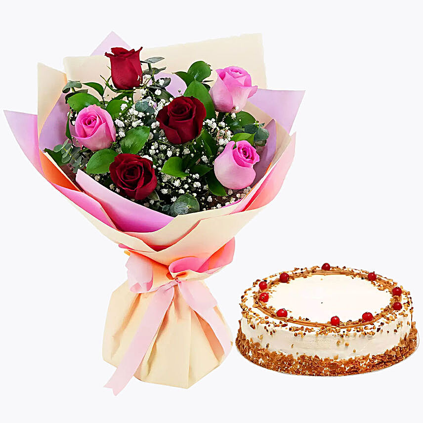 Delightful Roses Bouquet With Butterscotch Cake:Anniversary Flowers N Cakes to UAE