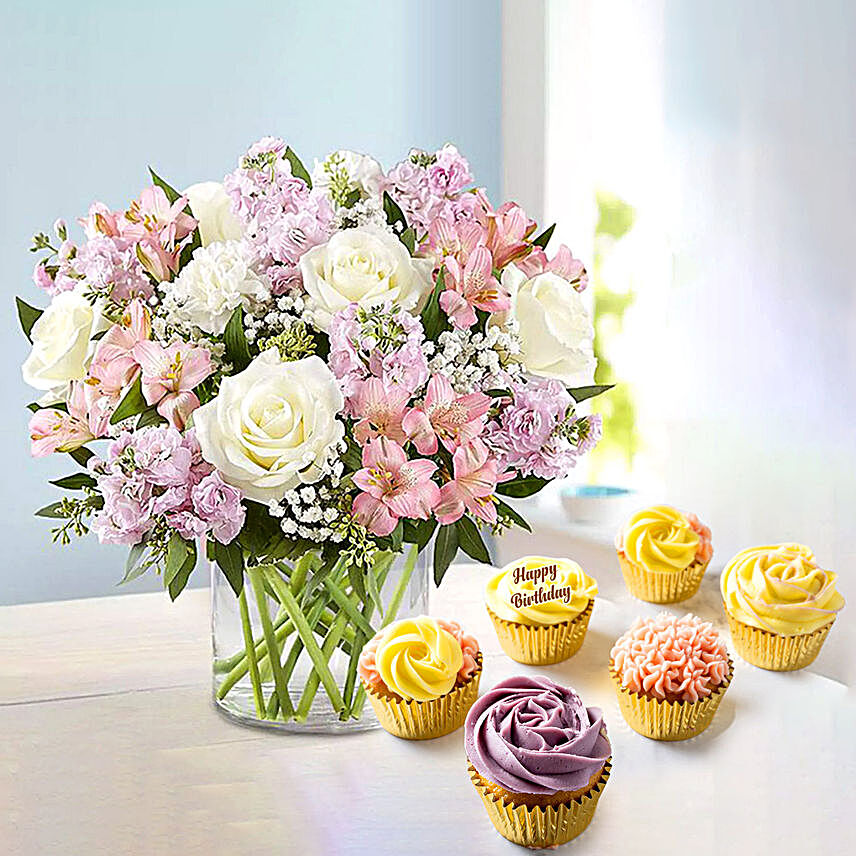 Pink and White Floral Bunch With Cup Cakes