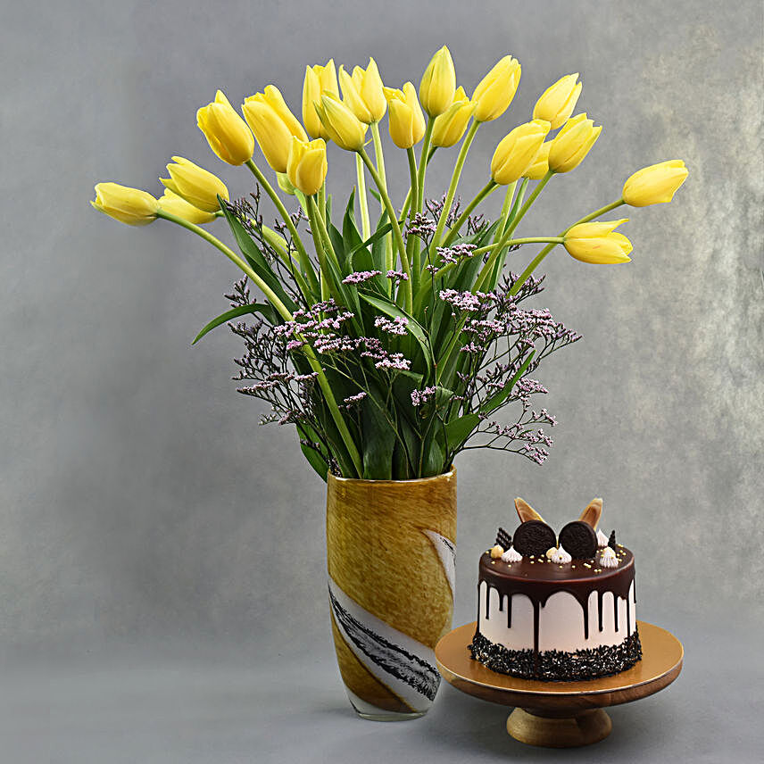 Yellow French Tulips with Chocolate Cake