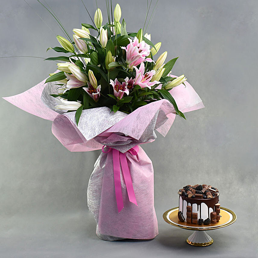 Long Lilies Bouquet With Chocolate Cake