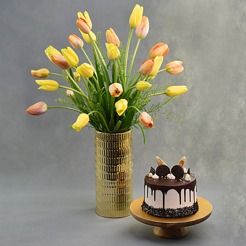 French Tuilps Arrangement with Cake