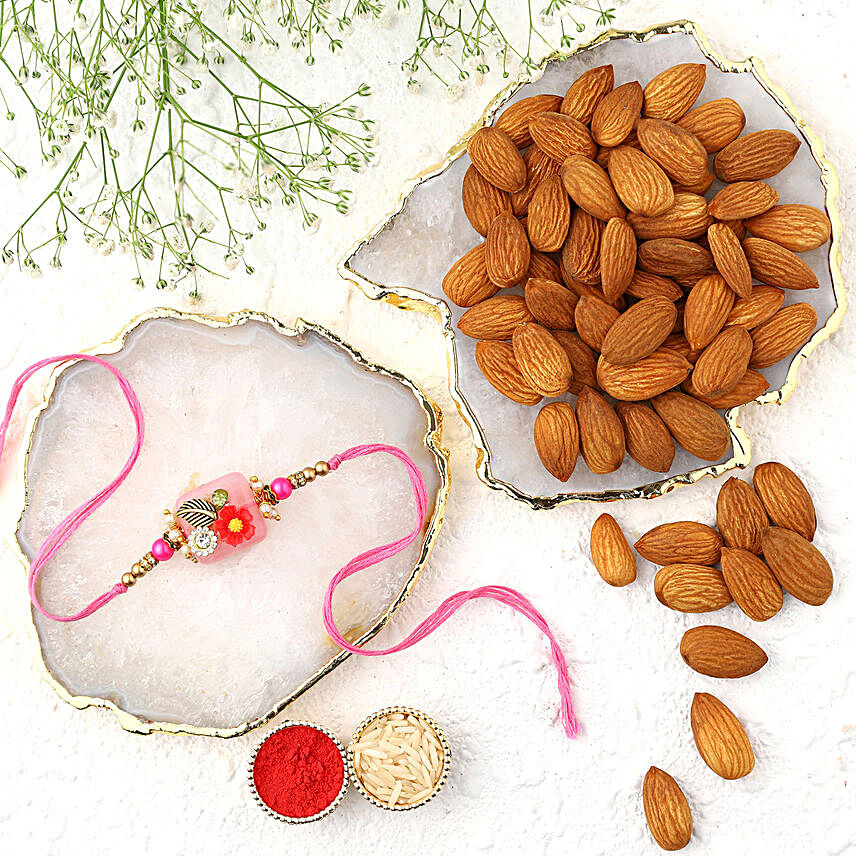 Fancy Stone Rakhi with 250 Grams Almonds:Single Rakhi to UAE