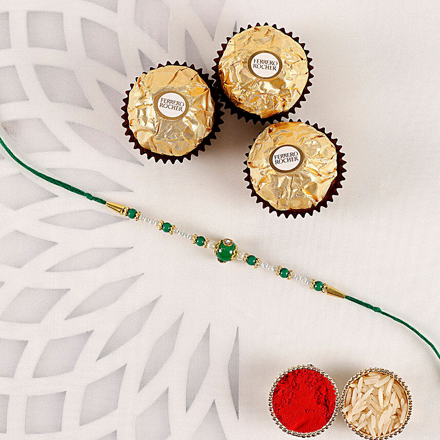 Sneh Fancy Green Rakhi with 3 Pcs Ferrero Rocher:All Rakhi - UAE