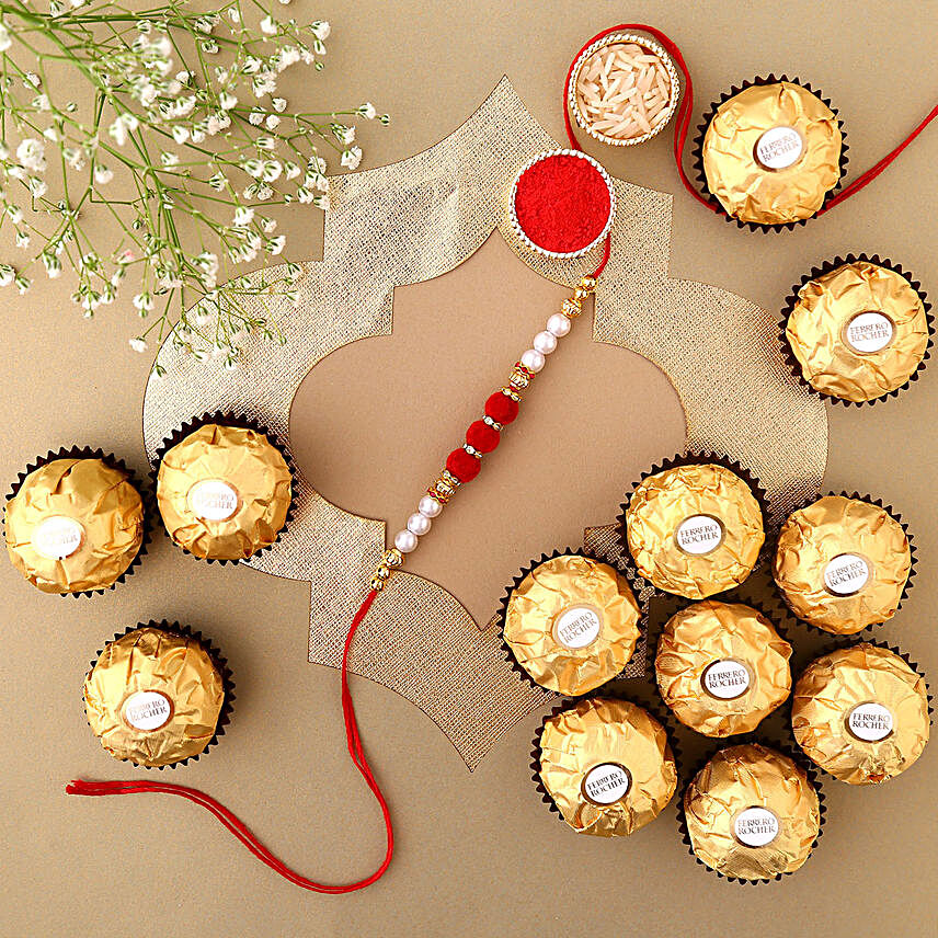 White Pearl And Velvet Beads Rakhi with 6 Ferrero Rocher:Single Rakhi to UAE