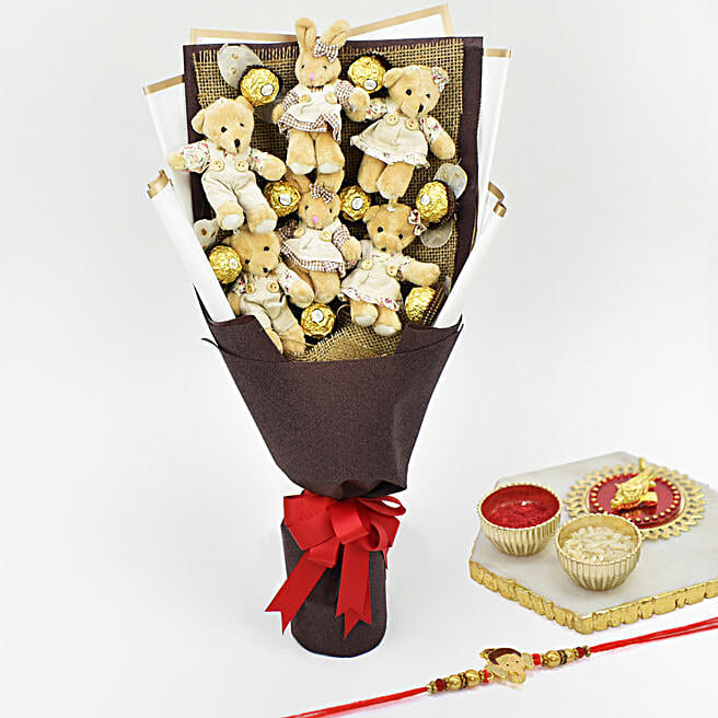 Teddy Chocolate Bouquet With Rakhi uae Gift Teddy Chocolate Bouquet