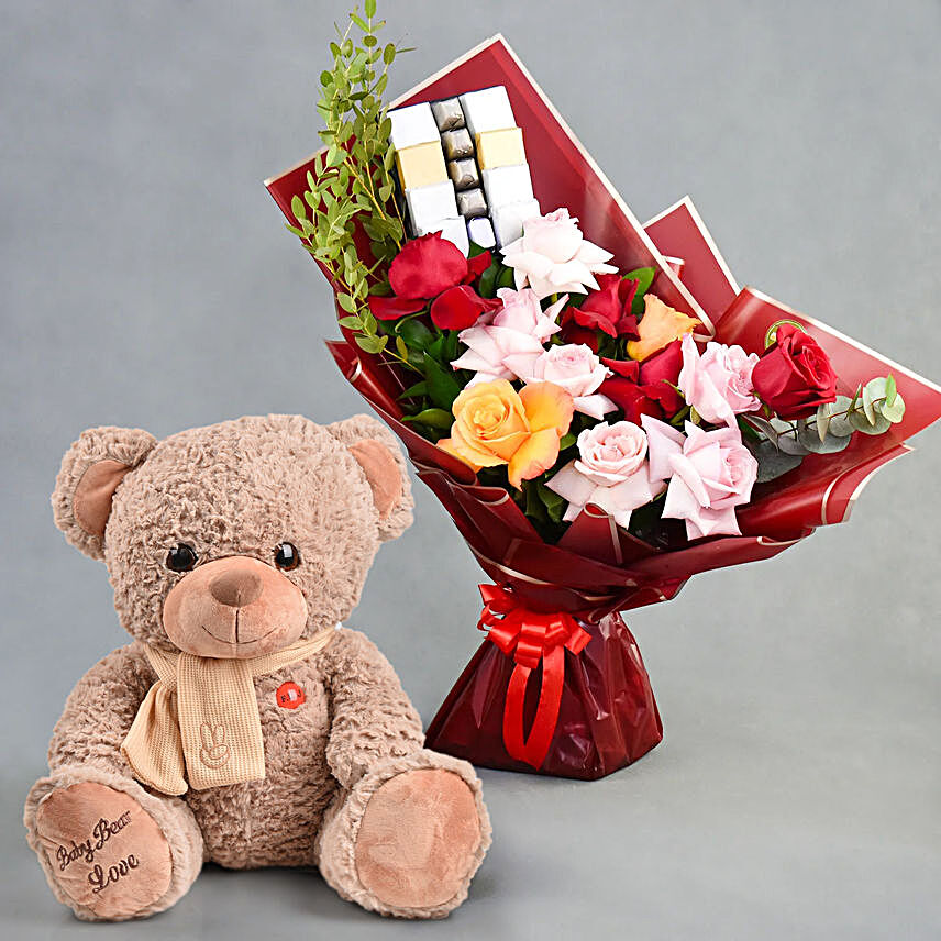 Classic Blooms and Chocolates with Teddy bear:Flowers and Chocolates Delivery in UAE