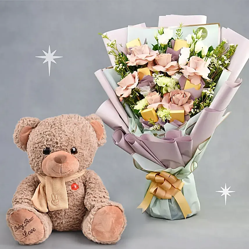 Mesmerising Flowers and Chocolates Bouquet with Teddy bear