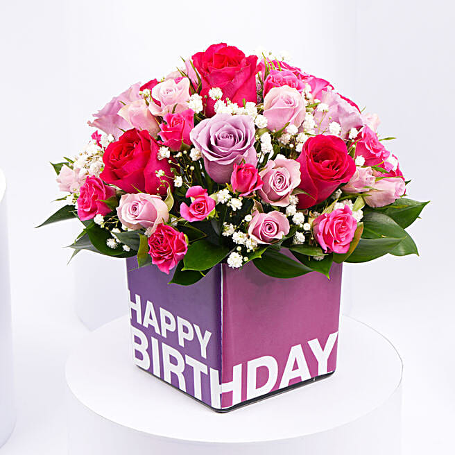 Mixed Flowers In Birthday Square Glass Vase uae Gift Mixed Flowers In