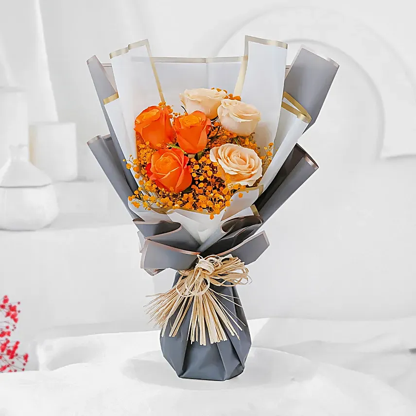 Orange and Peach Roses Bouquet