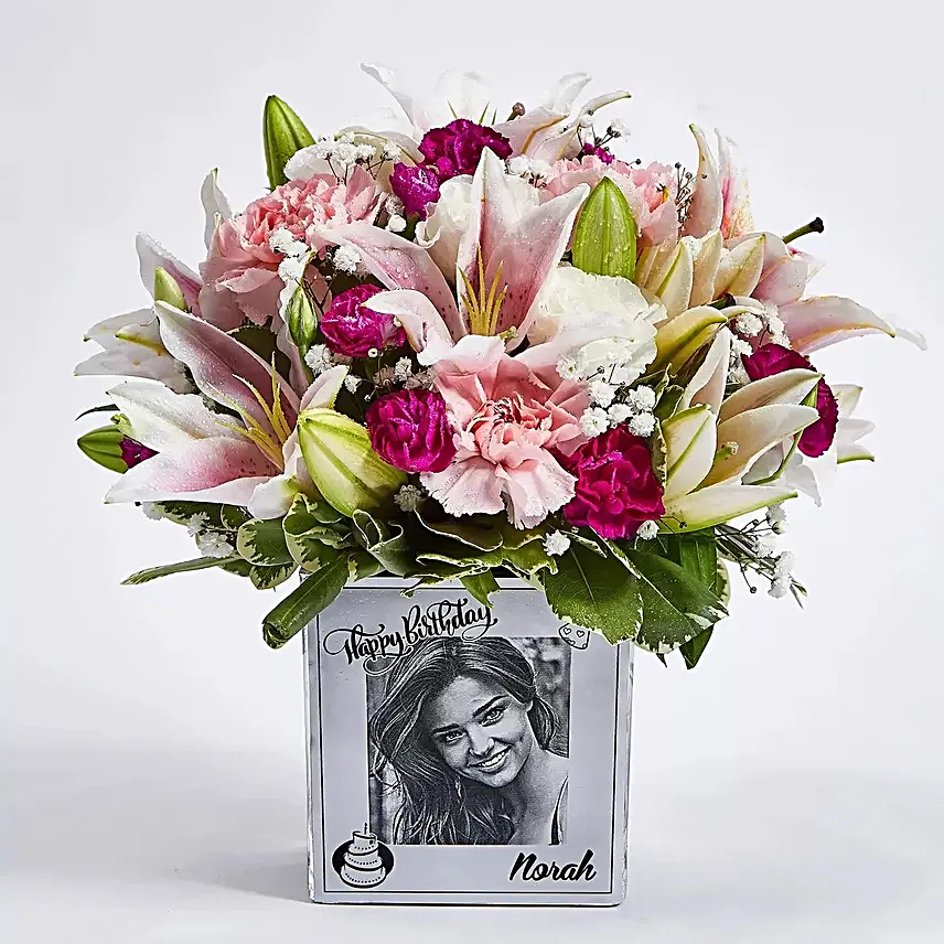 Personalised Birthday Flowers Vase n Cake