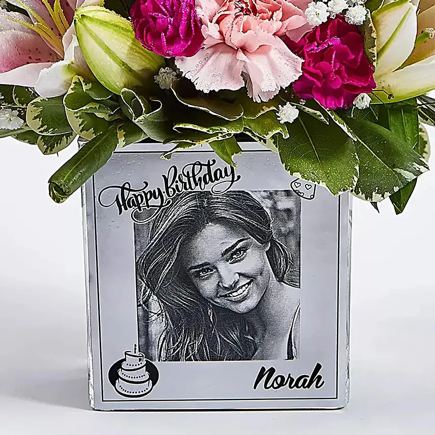 Personalised Birthday Flowers Vase n Cake