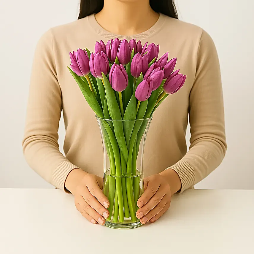 Purple Tulips in Gold Vase
