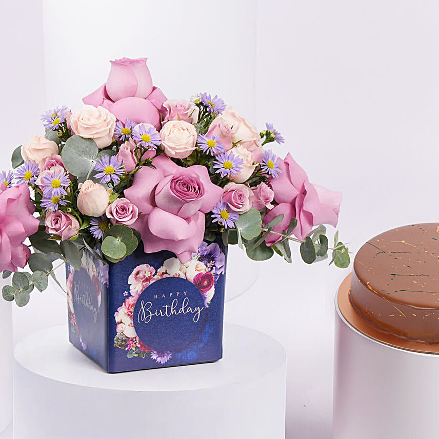 Birthday Roses Arrangement With Dubai Cake