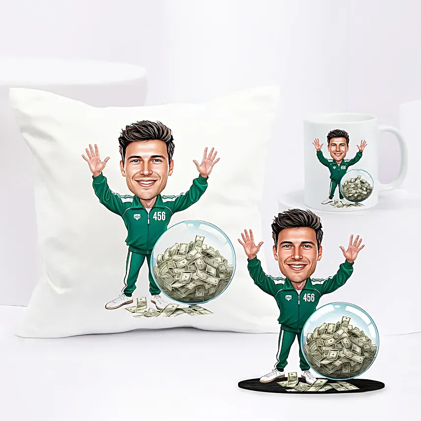 Personalised Caricature Style Green Tracksuit No 456 Gift Set