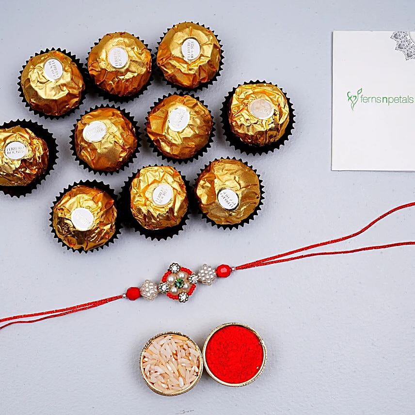 Appealing Floral Rakhi And 12 Pcs Ferrero Rocher