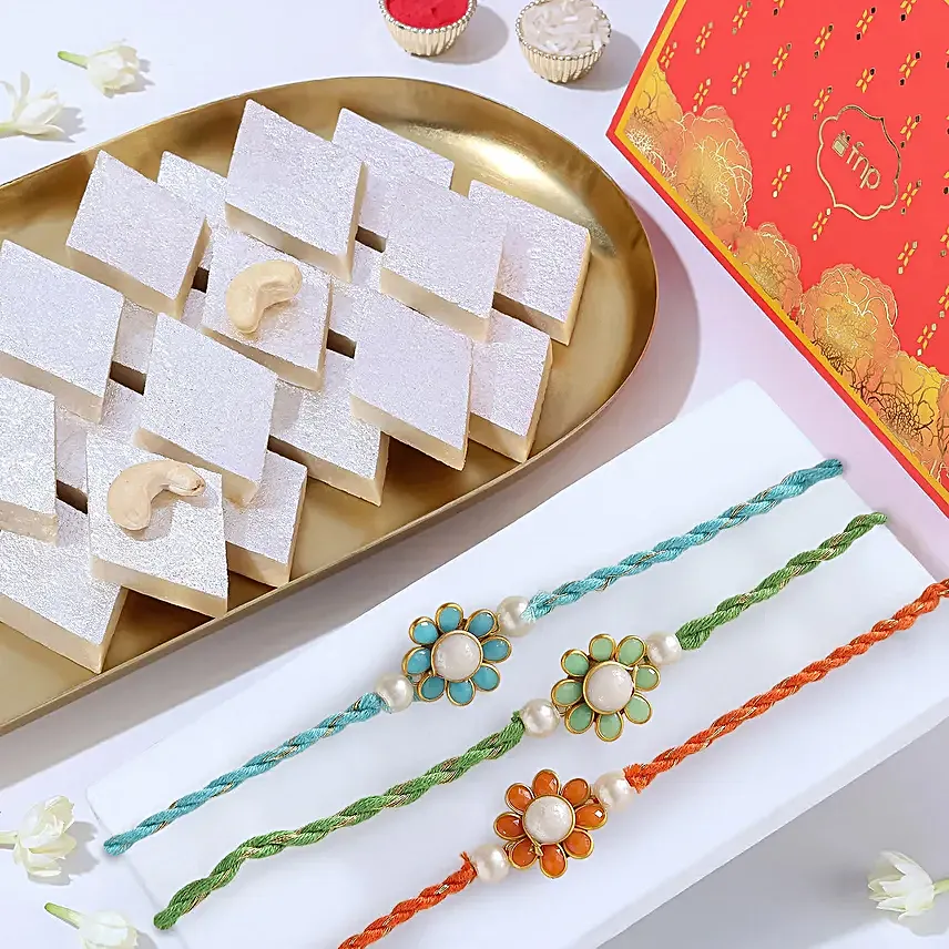 Sneh Premium Beads Floral Rakhi Set Of 3 With Kaju Katli