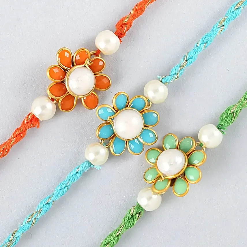 Sneh Premium Beads Floral Rakhi Set Of 3 With Kaju Katli
