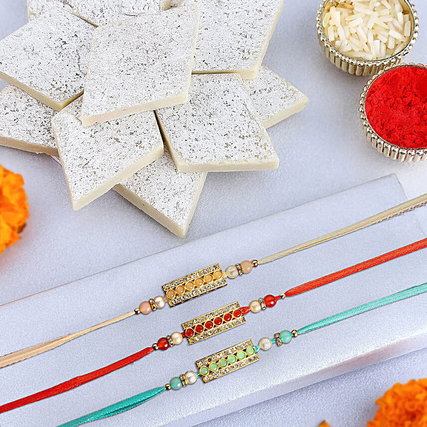 Ethnic Stone Rakhi With Kaju Katli