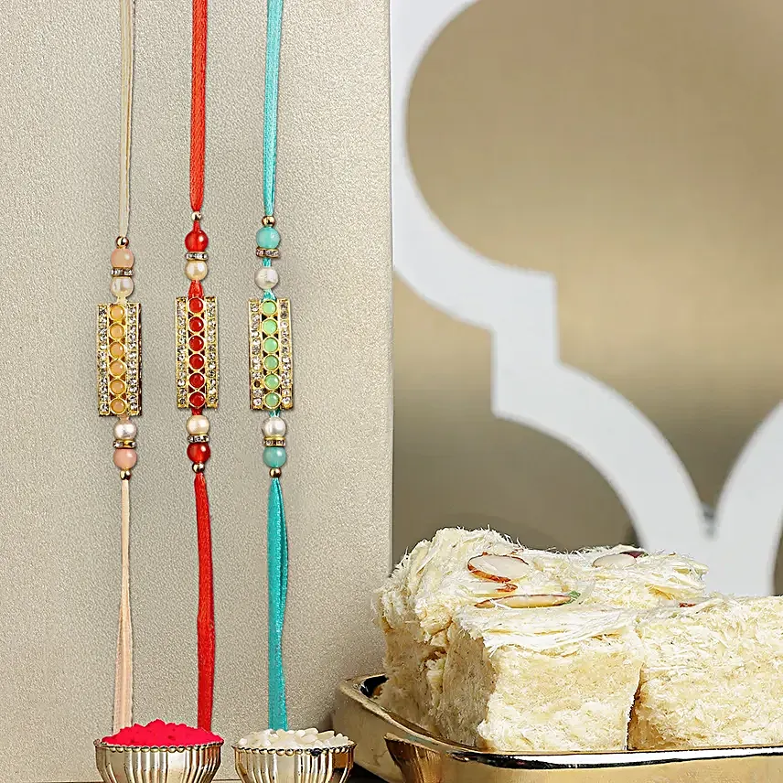 Ethnic Stone Rakhi With Soan Papdi