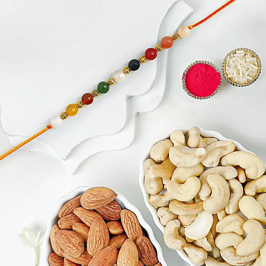 Navratan Sleek Designer Rakhi With Cashew & Almonds