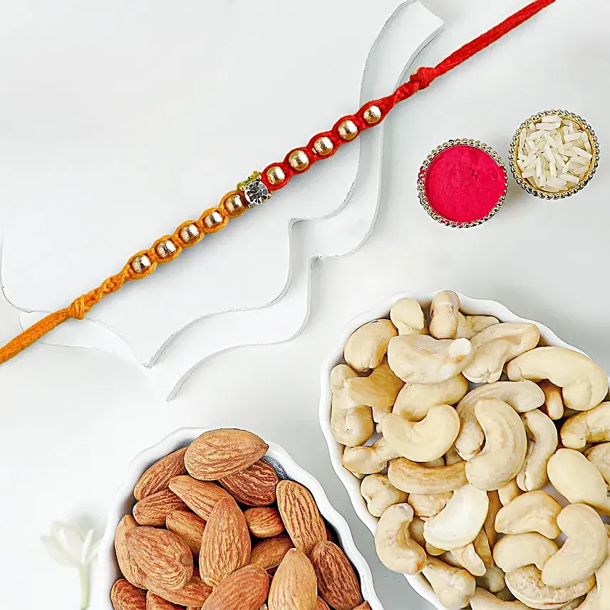 Red & Yellow Fancy Rakhi With Cashew & Almonds