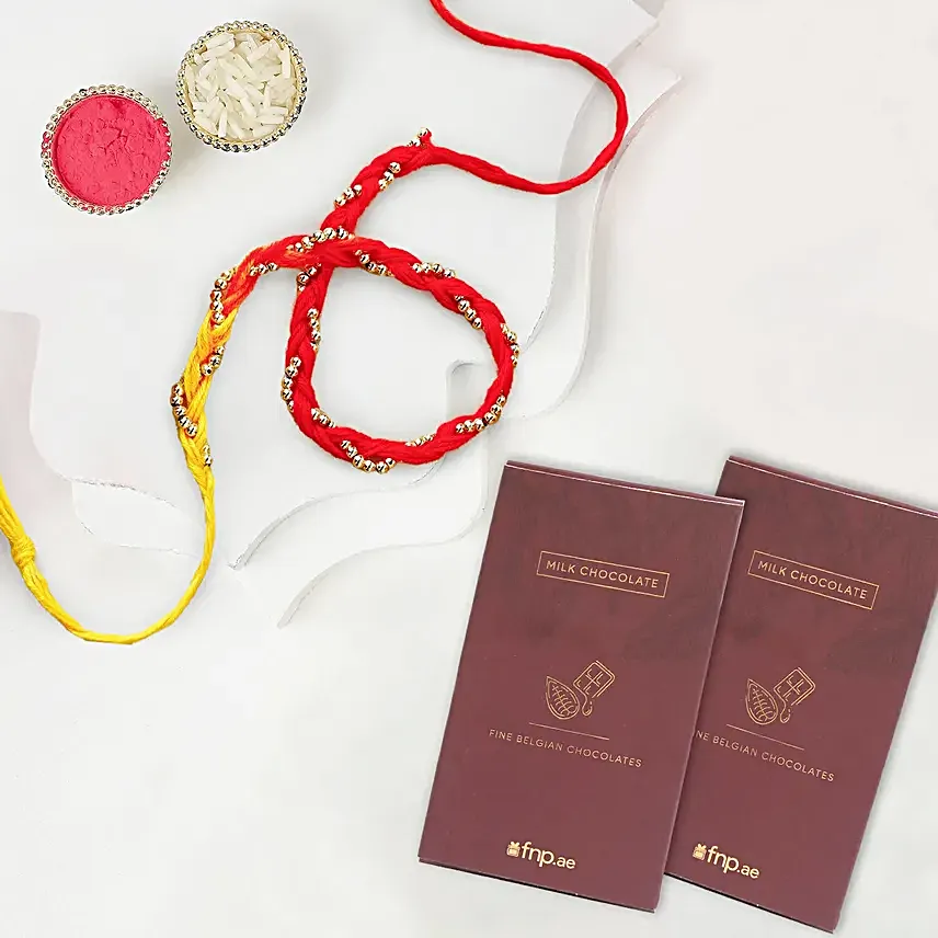 Sacred Bead Work Mauli Rakhi With 2 Fnp Chocolates