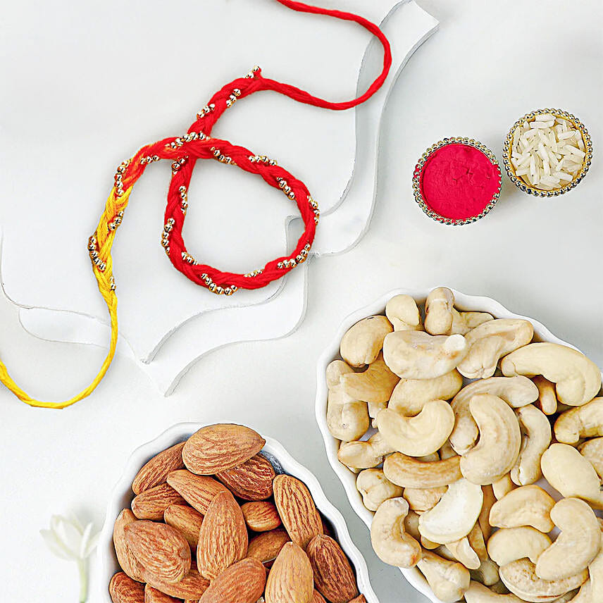 Sacred Bead Work Mauli Rakhi With Cashew & Almonds