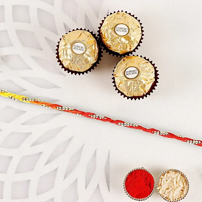 Sacred Bead Work Mauli Rakhi With Ferrero Rocher 3 Pcs