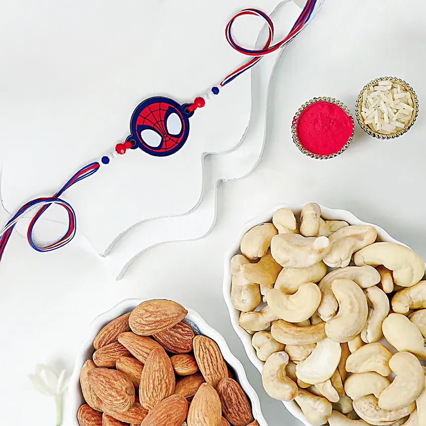 Red Spiderman Kid Rakhi And Cashew And Almonds