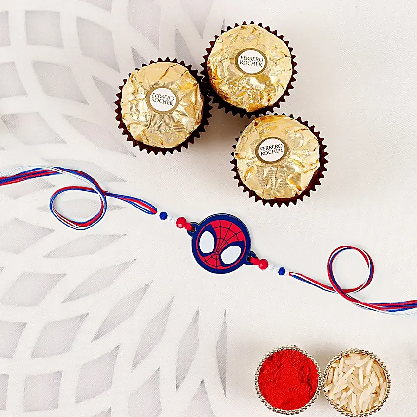 Red Spiderman Kid Rakhi And Ferrero Rocher 3 Pcs