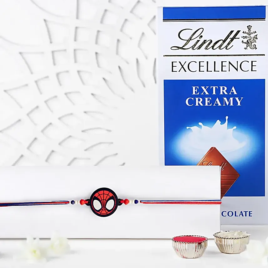 Red Spiderman Kid Rakhi And Lindt Chocolate