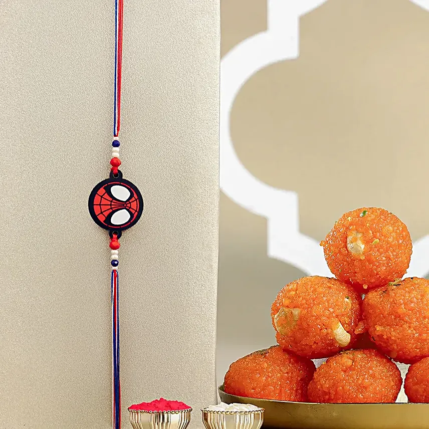 Red Spiderman Kid Rakhi And Motichoor Ladoo