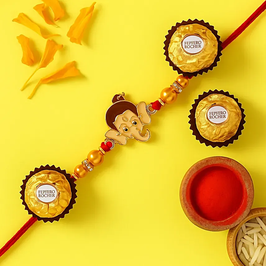 Long Trunk Bal Ganesha Pearl Rakhi For Kids With 3 Ferrero Rocher