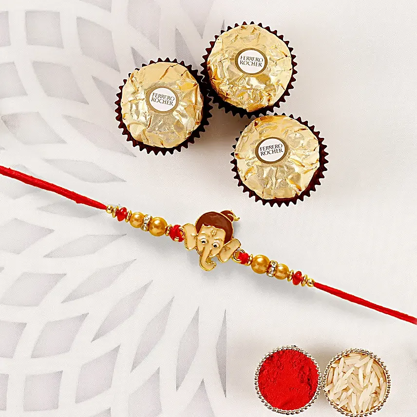 Long Trunk Bal Ganesha Pearl Rakhi For Kids And Mixed Fruits